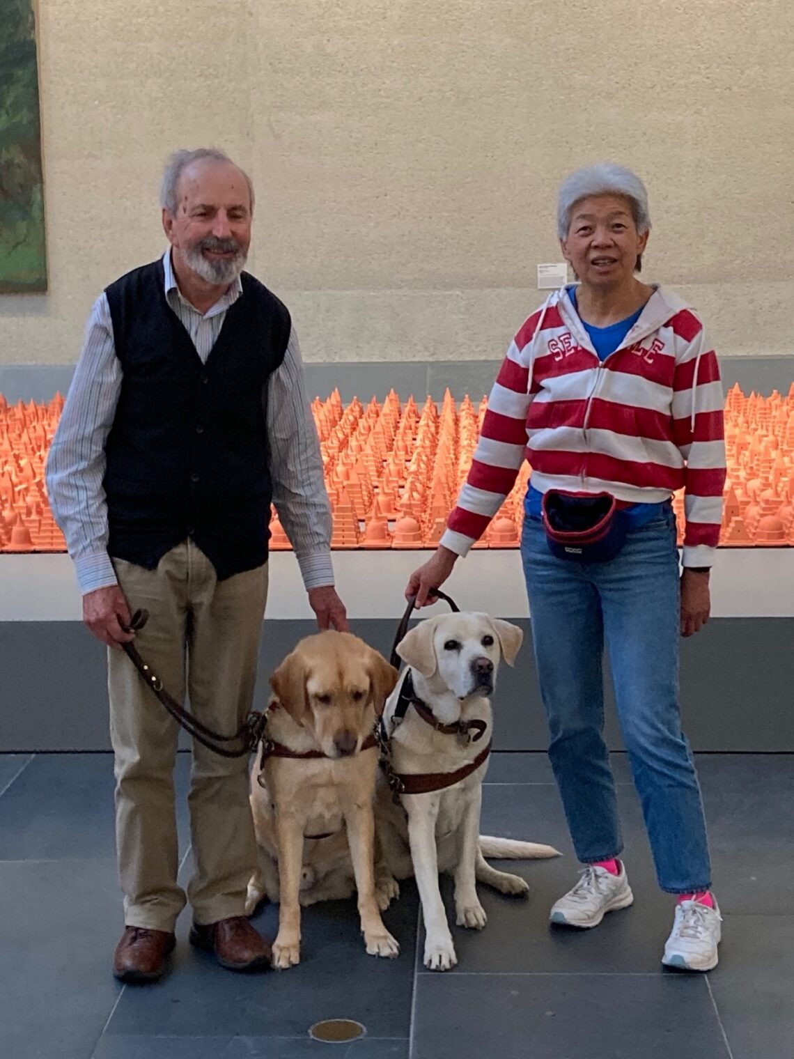 Comet and Zeke the guide dog being friends sitting with their persons at the National Gallery of Australia in front of an artwork of terracotta statures of buildings